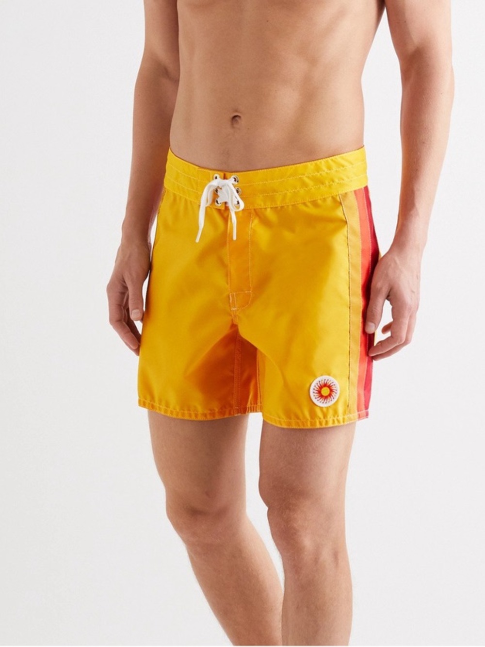 Birdwell Yellow Swim Board Shorts with Red Side Panels